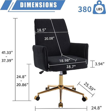 YITAI Stripes Velvet 360°Swivel Desk Chair, Modern Height Adjustable Home Office Armchair with Gold Base and Wheels for Vanity, Comfy Computer Chair for Study Living Room Bedroom（Black）