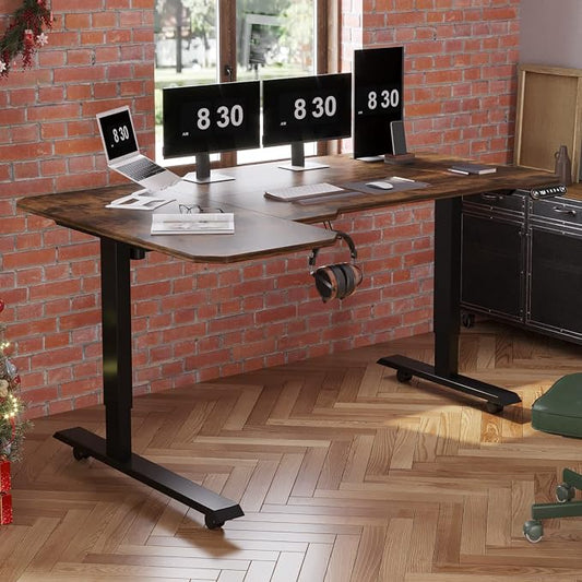 L-Shaped 59" Height Adjustable Electric Standing Desk, Sit and Stand Up Home Office Computer Desk with Splice Board (Rustic Brown Top, Black Frame)