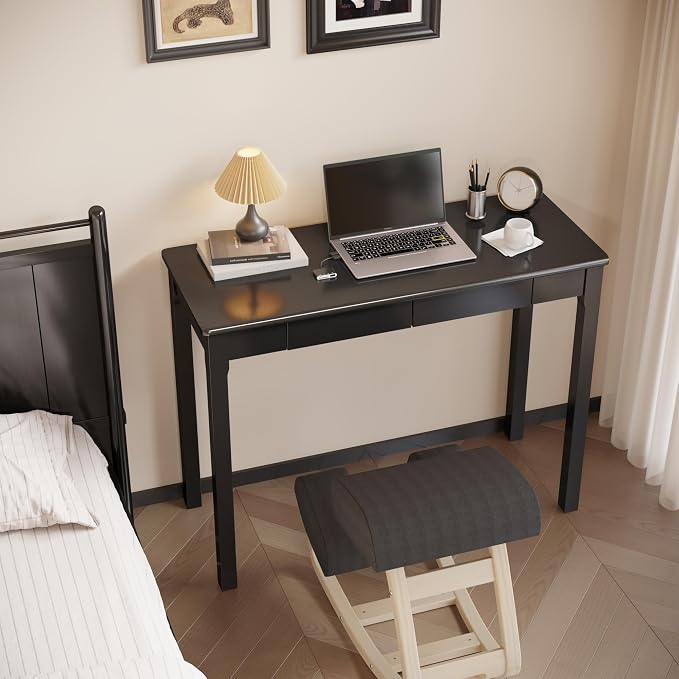 Solid Wood Desk with Drawers - 39 x 16 Inch Simple Narrow Desks, Rubber Wood Study Table, Small Writing Desk for Small Spaces|Bedroom - Modern Black Desks