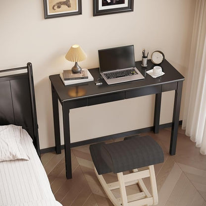 Solid Wood Desk with Drawers - 39 x 16 Inch Simple Narrow Desks, Rubber Wood Study Table, Small Writing Desk for Small Spaces|Bedroom - Modern Black Desks