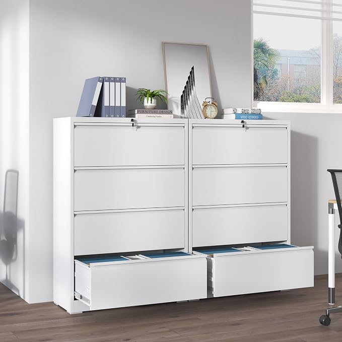 IKIMI 4 Drawer Lateral File Cabinets,White Metal Lateral Filing Cabinet for Home Office,Wide Steel Storage Cabinet Commercial Drawer for Legal/Letter/A4 Size Files