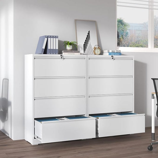 IKIMI 4 Drawer Lateral File Cabinets,White Metal Lateral Filing Cabinet for Home Office,Wide Steel Storage Cabinet Commercial Drawer for Legal/Letter/A4 Size Files