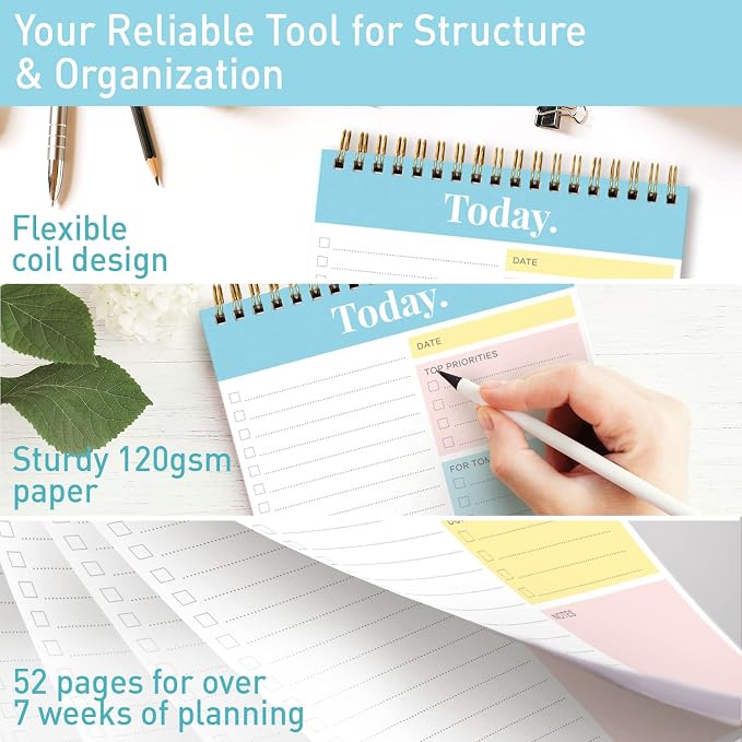 Sweetzer & Orange Daily & Weekly To Do List Notepad – Undated Work Planner & Organizer with Wish List Section, 52-Sheet Coiled Task Pad for Productivity – TURQUOISE To Do List Notebook for Work