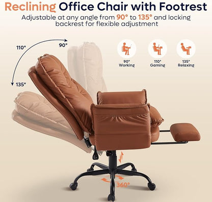Bestier Cross Legged Office Chair with Footrest, High Back Criss Cross Chair with Reversible Armrests and Wheels, Big and Tall Reclining Office Chair for Home PU Leather Brown