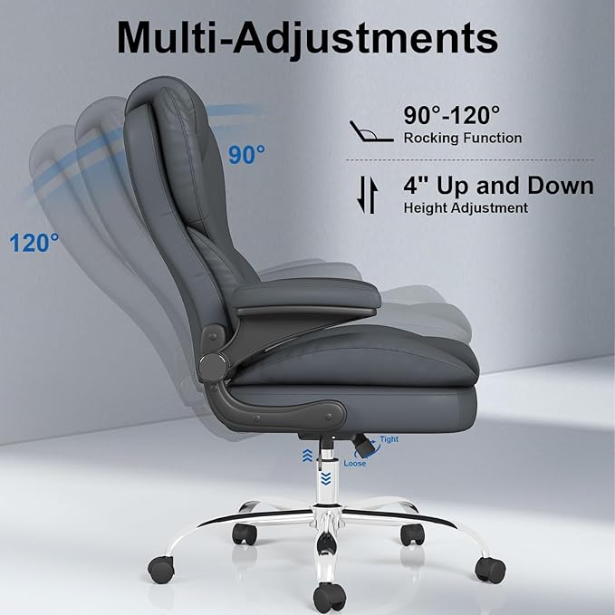 Office Chair, Home Desk Chair, Ergonomic Computer Chair with Lumbar Support, Executive Leather Chair with Flip-Up Armrests, Big and Tall Swivel Rolling Chair, Grey
