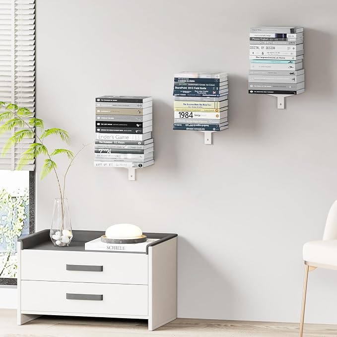 Floating Book Shelves for Wall, 6 Tier Invisible Floating Bookshelf, Vertical Spine Book Tower, Wall Mounted & Space Saving, Heavy Duty Metal Book Organizer for Home Office, 3 Pack White