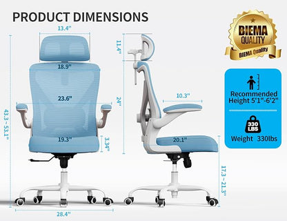 Ergonomic Office Chair - Mesh Desk Chair with Adjustable Lumbar Support High Back Computer Gaming Chairs - Big and Tall Office Chairs Adults, Comfortable for Long Hours, Sky Blue