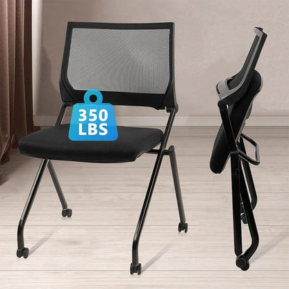 CLATINA Stackable & Foldable Conference Room Chairs, Waiting Room Chairs with Wheels & Lumbar Support, Ergonomic Mesh Bouncing Back Folding Chair for Office Meeting Schools Training, Black