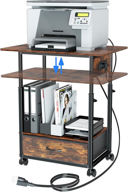 DALEMHOME Printer Stand with Charging Station, 2-Tier Height Adjustable Printer Table with Power Outlets Ports, Mobile Printer Cart with Fabric Drawer & Lockable Wheels, for Home Office, Rustic Brown