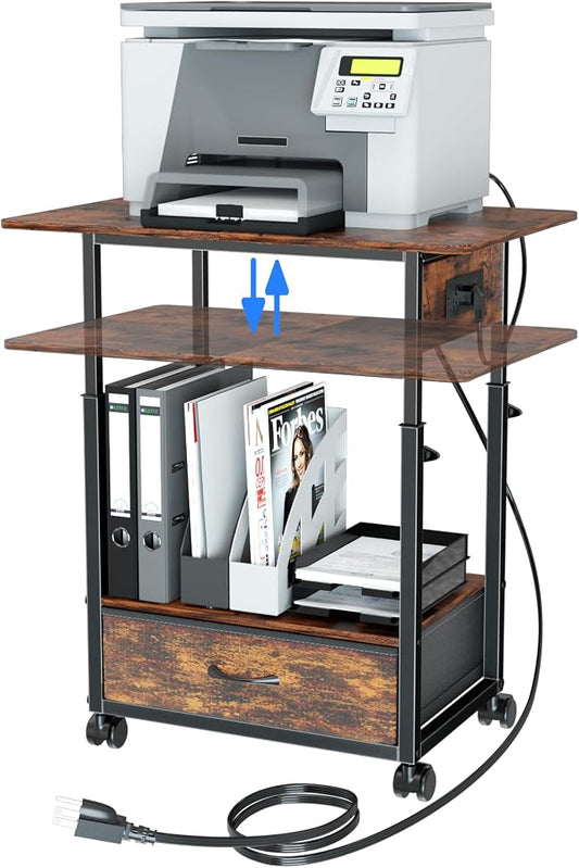 DALEMHOME Printer Stand with Charging Station, 2-Tier Height Adjustable Printer Table with Power Outlets Ports, Mobile Printer Cart with Fabric Drawer & Lockable Wheels, for Home Office, Rustic Brown