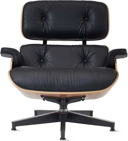 Mid Century Chaise Lounge Chair and Ottoman, Genuine Leather Reading Chair, Modern Chair Classic Design, Heavy Duty Base Support for Living Room Study Lounge Office,Tall Upgraded, Walnut Black