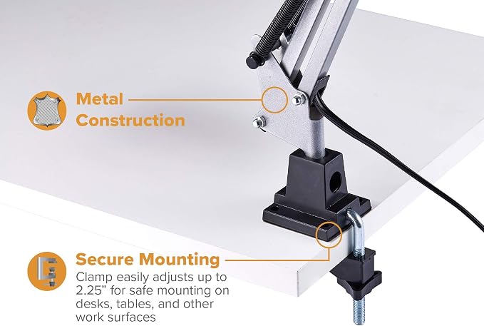 Bostitch Office VLF100-WHT Swing Arm Desk Lamp with Clamp Mount, 36" Reach with Multi-Joint Adjustment, Includes Replaceable LED Bulb (VLF), White