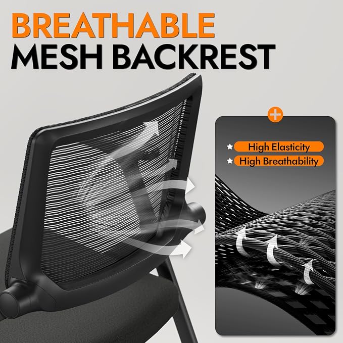 Foldable Office Chair with PU Wheels and Smooth Armrest-Ergonomic Mesh Bouncing Back, Stackable Conference Room Chair, Office Guest & Reception & Meeting Chair (Black)