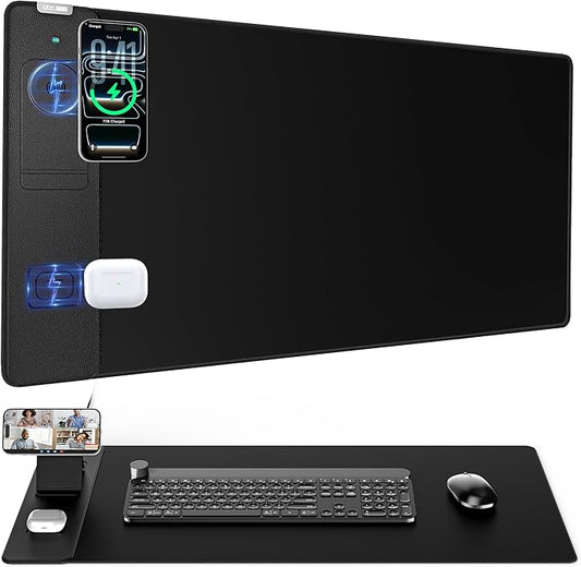 Wireless Charging Mouse Pad with Magnetic Phone Stand, 31.5"x15.8" Large | Waterproof Mousepad Desk Mat, Smooth Glide, Stitched Edge, Non-Slip Rubber Base, Computer Keyboard Mat, No Adapter
