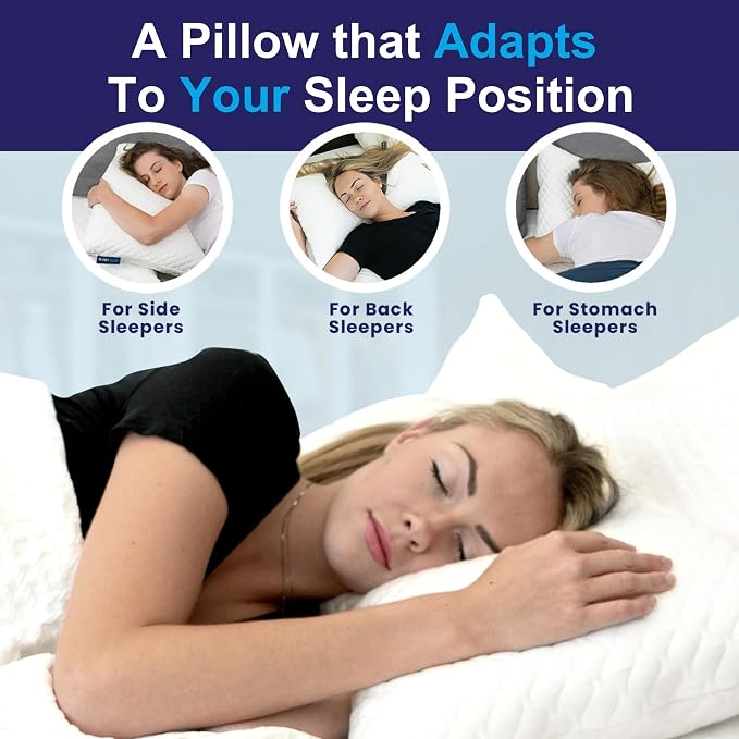 Sidney Sleep Adjustable Bed Pillow for Neck and Shoulder Support with Extra Shredded Fill - Cervical Contour Pillow for Side and Back Sleepers. Standard Size 19" x 26" CertiPUR-US Certified (White)
