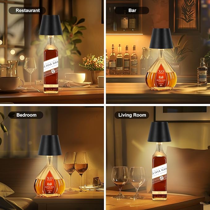 Wireless Bottle Lamp, 2025 New 3 Color Rechargeable Wine Bottle Lights for Bars Restaurants (Black, 1PC)