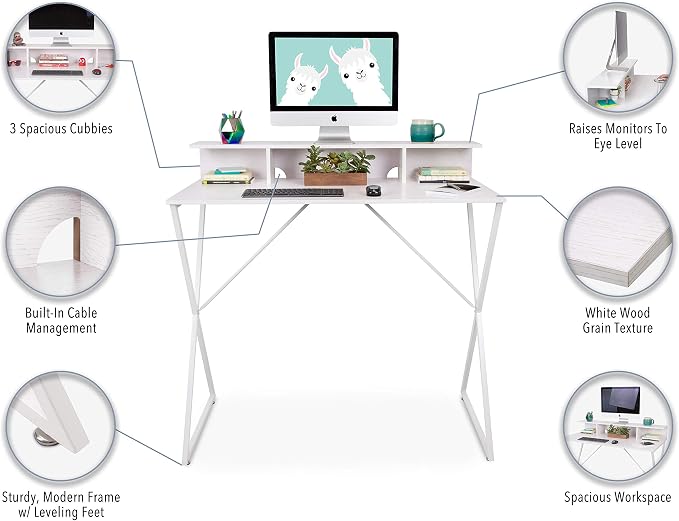 Stand Steady Joy Standing Desk | Pretty Standing Desk with Shelf & Built-in Storage Cubbies | Modern Stand Up Workstation | Tall Desk & Reception Table for Home, Dorm & Office (White / 48in x 42in)