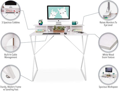Stand Steady Joy Standing Desk | Pretty Standing Desk with Shelf & Built-in Storage Cubbies | Modern Stand Up Workstation | Tall Desk & Reception Table for Home, Dorm & Office (White / 48in x 42in)