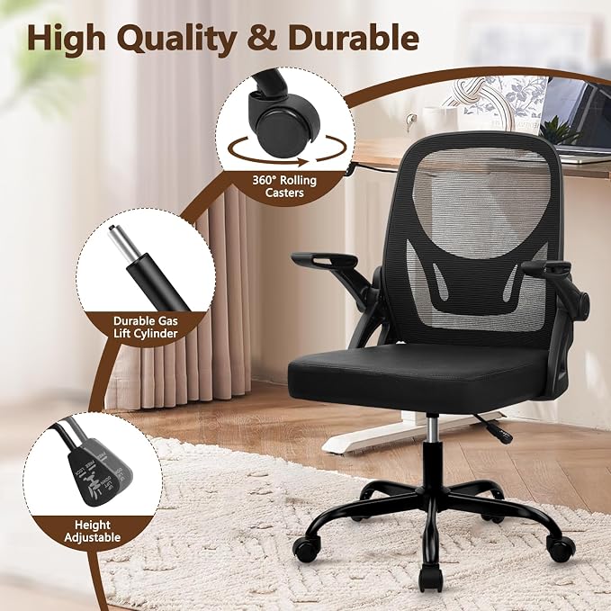 CLATINA Office Chair with Wheels, Ergonomic Flip Up Arms Mesh Back Desk Chairs with Lumbar Support, PU Leather Seat Adjustable Height Swivel Rolling Computer Task Chair for Study Home School, Black
