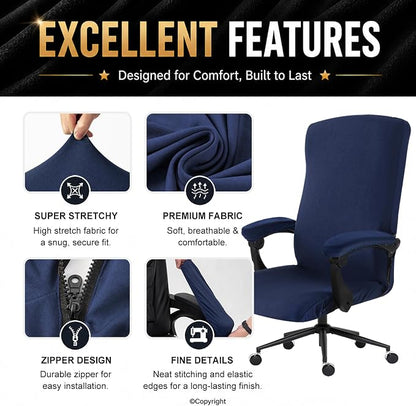 Stretch Computer Office Chair Cover with Armrest Covers Durable Zipper Universal Washable Removable Spandex Rotating Boss Chair Slipcovers Anti-dust Soft Desk Chair Seat Protector, Navy