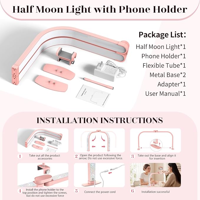 LIONVISON Nail Light Half Moon: 29" Foldable Half Moon Light for Nail Desk - 3 Color Modes & 10 Brightness - Arch LED Nail Desk Lamp with Phone Holder for Manicure Salon (Pink with Diamond)