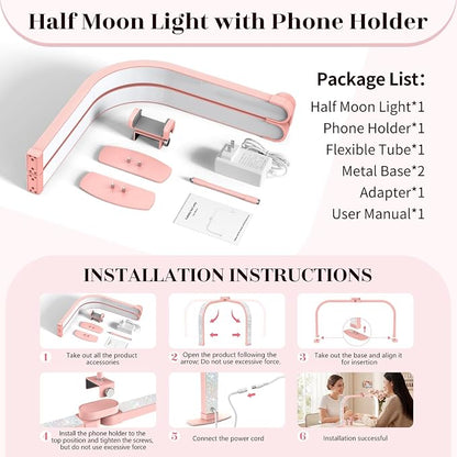 LIONVISON Nail Light Half Moon: 29" Foldable Half Moon Light for Nail Desk - 3 Color Modes & 10 Brightness - Arch LED Nail Desk Lamp with Phone Holder for Manicure Salon (Pink with Diamond)