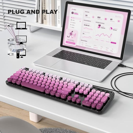 MOWUX Computer Keyboard Wired, Plug and Play USB Retro Round Typewriter Keyboard, Full Size Wired Keyboard with Foldable Stands for Laptop and Office PC- Black Pink Gradient