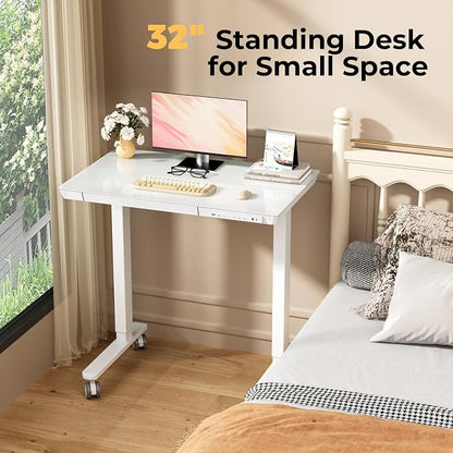 Glass Electric Standing Desk with Drawer, 31.5" x 20" Whole Piece Small Sit Stand Table, Height Adjustable Desk with Storage & USB Ports, Quick Install Home Office Computer Desk, White