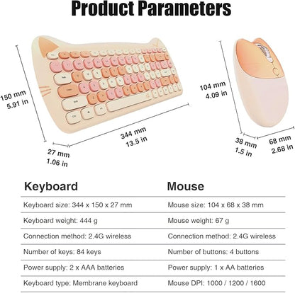 Cute Cat 2.4G USB Wireless Keyboard and Mouse Combo, Silent Keys, Candy Colors, Compatible with Notebook, PC (MilkTea-84Keys)