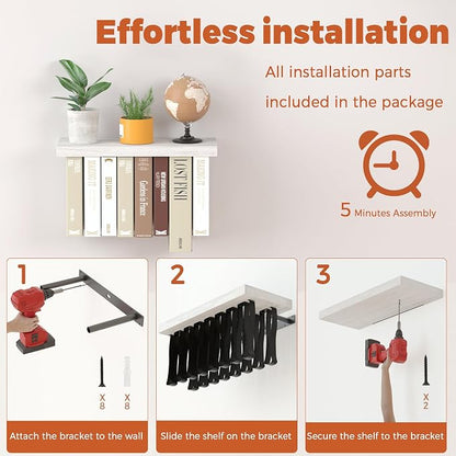 Floating Book Shelves for Wall Set of 2, Unique Wood Hanging Bookshelf | Easy Install Wall Bookshelf with Anti-Tilt Metal Bracket, Floating Bookshelf Storage Display Wall Shelves for Home Decor