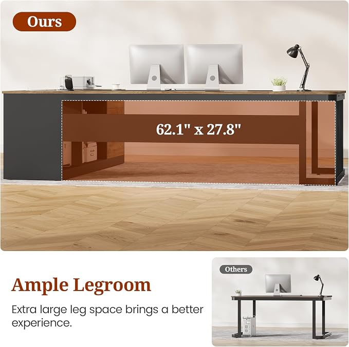 UPOSOJA 78.7" Executive Desk, Large Office Desk with Drawers & Storage Shelves, Modern L Shaped Computer Desk Corner Desk with Power Outlets, File Cabinet, Business Furniture Desk Workstation (Oak)
