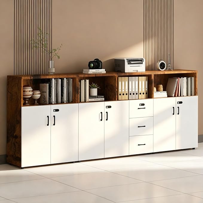 File Cabinet with Password Lock, Wood Lateral Filing Cabinet for Letter/A4 Files, 3 Drawer with Door, Printer Stand with Open Shelves for Home Office