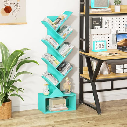 SHEEPAM 9 Tier Tree Bookshelf,Christmas Green Bookcase for Narrow Space, Storage Organizer Floor Standing Bookshelves for Books, Tall Book Case for Home Office, Living Room, Bedroom
