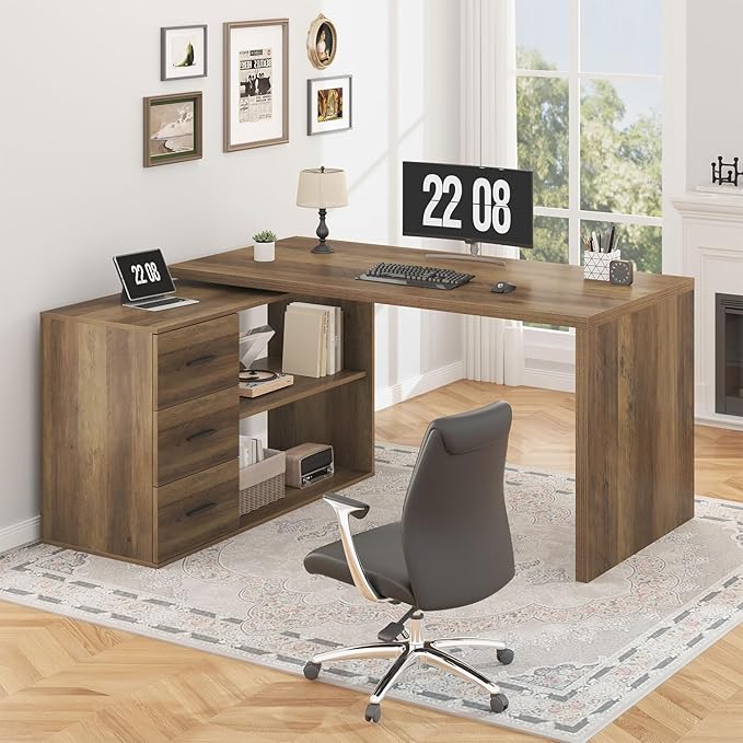 HSH L Shaped Office Desk with Drawers Shelves 55-76 Inch, Corner Computer Desk with Storage 360 Rotating Long for Work, Executive, Study, Writing, Teacher, Bedroom Modern Gaming Table Farmhouse