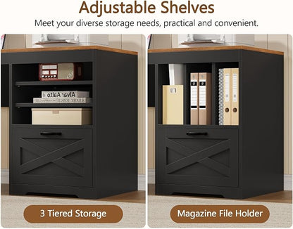 YOMILUVE Farmhouse 63" L Shaped Desk with Drawers and Storage Shelf, Home Office Desk with Power Outlets, Storage Cabinet, Corner Computer Desk with Long Monitor Stand, Brown and Black