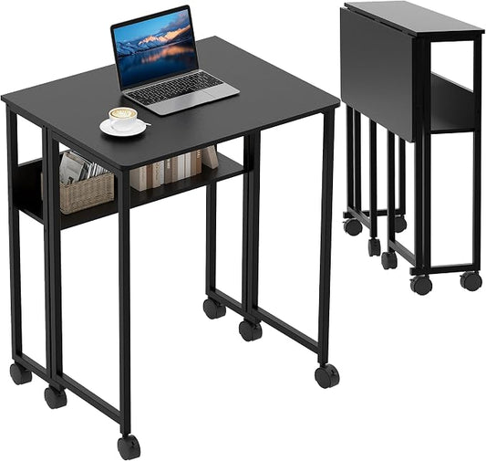 Folding Desk with Storage Shelf, 24.8 Inch Foldable Computer Table with Wheels for Small Spaces,Space Saving Sofa Table for Couch, Rolling Writing Work Office Computer Desk, Easy to Fold,Black