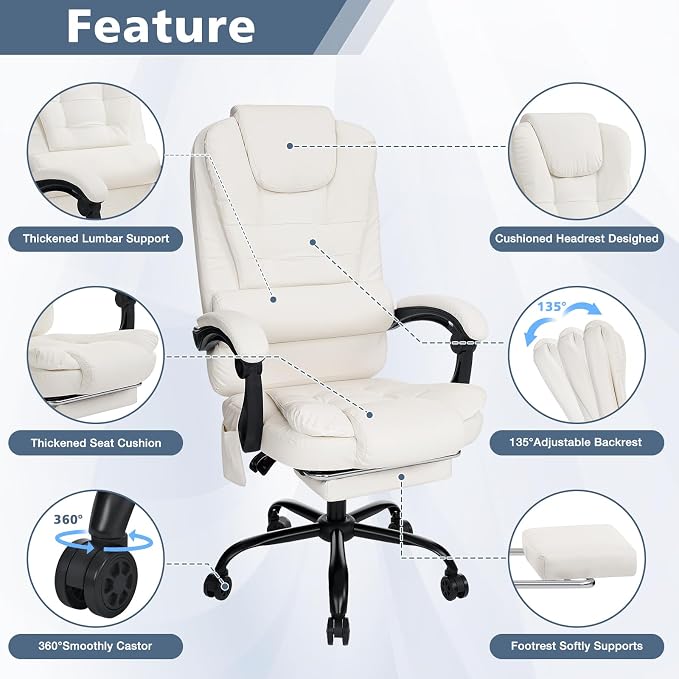 HOFFREE Massage Office Chair with Foot Rest 7 Points Vibration Ergonomic Executive Desk Chair Leather Computer Office Chair Beige