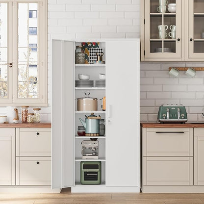 Fesbos Metal Storage Cabinet-72” Tall Steel File Cabinets with Lockable Doors and 5 Adjustable Shelves-White Steel Storage Cabinet for Home, School, Office, Garage