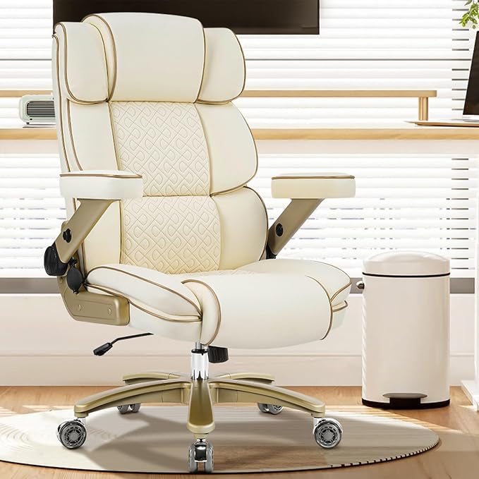 Big and Tall Office Chair 500lbs,5D Armrests Heavy Duty Executive Leather Chair with Comfortable Seat, Adjustable Lumbar, High Back, Large Computer Desk Chair for Home Office, Beige