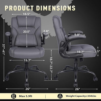 Home Leather Office Chair with Lumbar Support, 5" Padded Seat, Small Rocking Desk Chair, Comfy Computer Chairs with Rolling Wheels & Adjustable Arms for Adults, Grey
