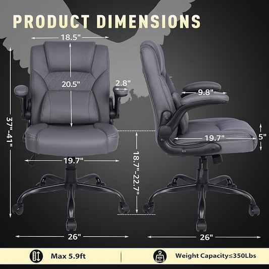 Home Leather Office Chair with Lumbar Support, 5" Padded Seat, Small Rocking Desk Chair, Comfy Computer Chairs with Rolling Wheels & Adjustable Arms for Adults, Grey