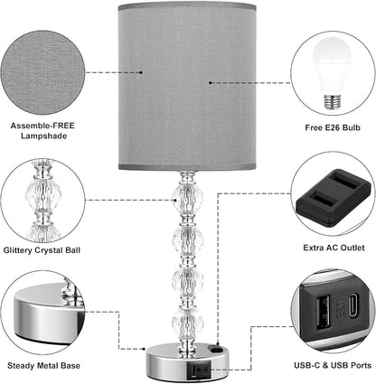 Touch Bedside Crystal Lamps for Bedrooms Nightstand with USB C+A Charging Port and AC Outlet White, 3 Way Dimmable Silver Large End Side Table Lamp for Living/Dinning Room/Kitchen/Bedroom
