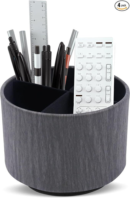 Round Leather Art Supply Organizer,Remote Control Holder,360 Degree Spinning,Multi-Functional Pencil Holder,4 Compartments Desktop Stationary Organizer(1-Thin Wood Black)