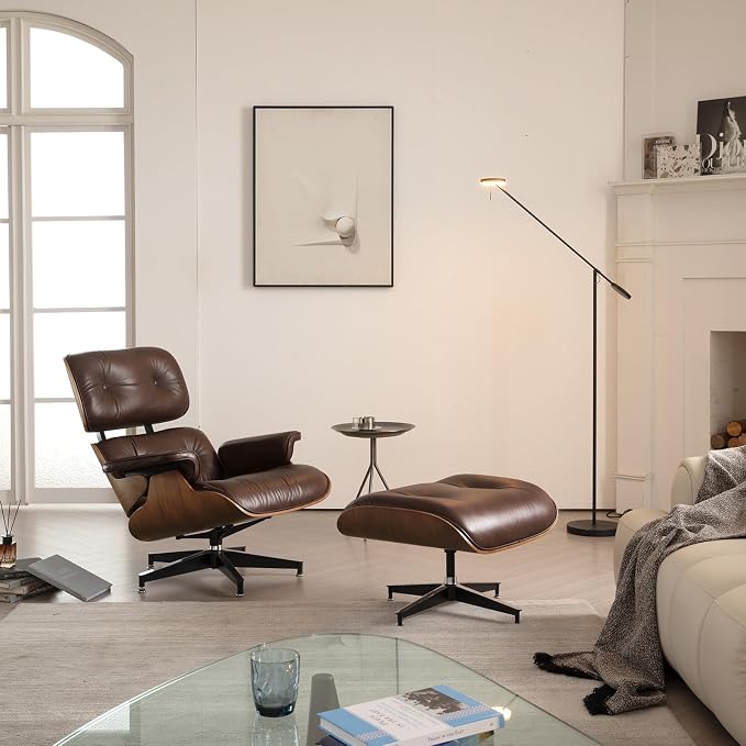 Mid Century Chaise Lounge Chair with Ottoman, Luxury Oil-Waxed Leather Reading Chair, Modern Chair Classic Design, Heavy Duty Base Support for Living Room Study Lounge Office Walnut Dark Brown