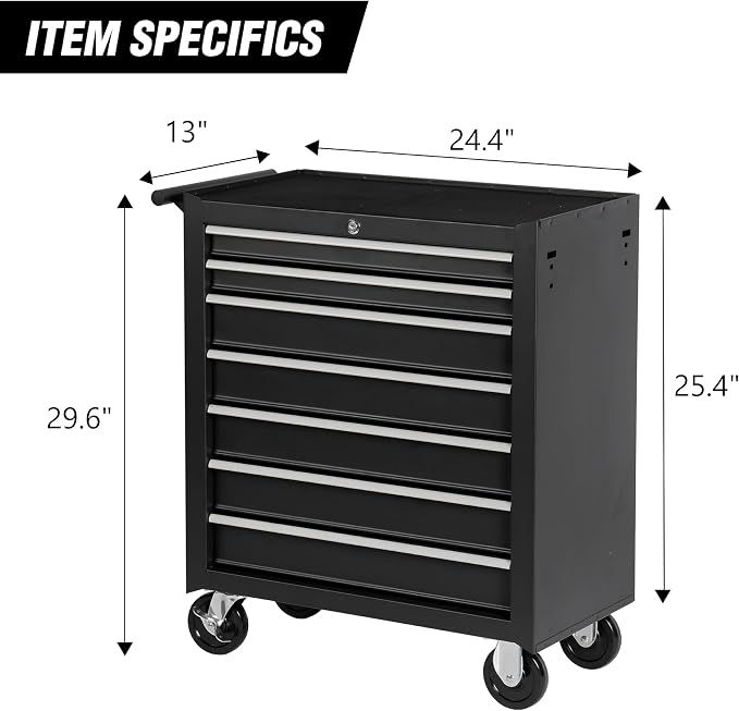 RYH 7 Drawers Rolling Tool Chest & Tool Box on Wheels | Heavy Duty Metal Cart with Ball Bearing Drawers | Fits US General Tool Box for Garage Storage (Black, 7 Drawers（29.6" H × 24.4" W × 13" D)
