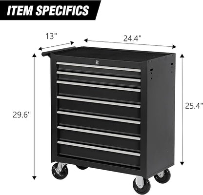 RYH 7 Drawers Rolling Tool Chest & Tool Box on Wheels | Heavy Duty Metal Cart with Ball Bearing Drawers | Fits US General Tool Box for Garage Storage (Black, 7 Drawers（29.6" H × 24.4" W × 13" D)