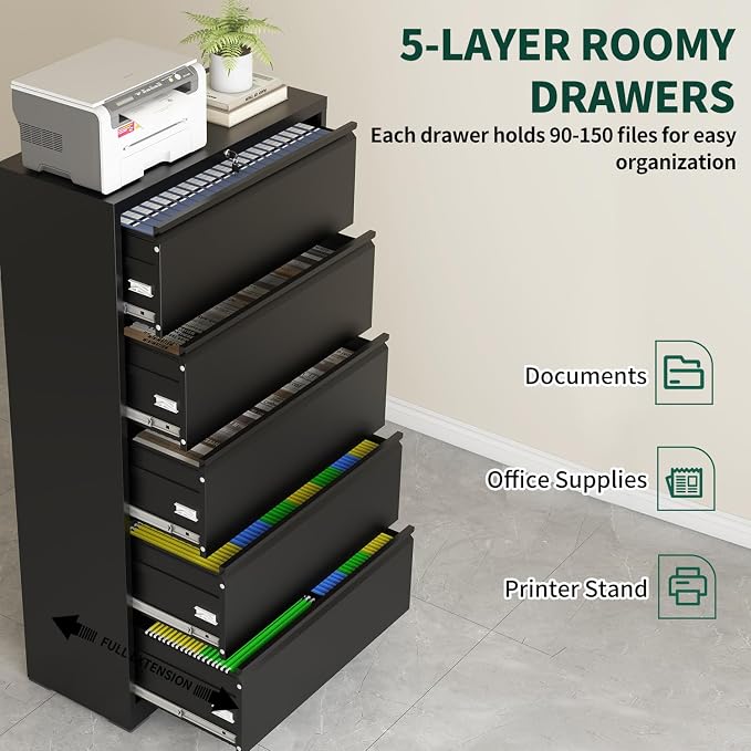 5 Drawer Lateral File Cabinet with Lock, Horizontal Metal File Cabinets for Home Office, Heavy Duty Large Filing Storage Cabinet, Steel Wide File Cabinet for Legal/A4/F4, Require Assembly-Black