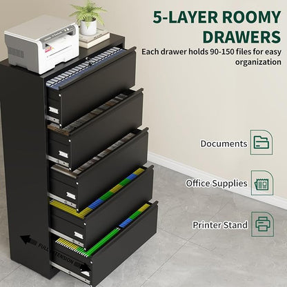 5 Drawer Lateral File Cabinet with Lock, Horizontal Metal File Cabinets for Home Office, Heavy Duty Large Filing Storage Cabinet, Steel Wide File Cabinet for Legal/A4/F4, Require Assembly-Black