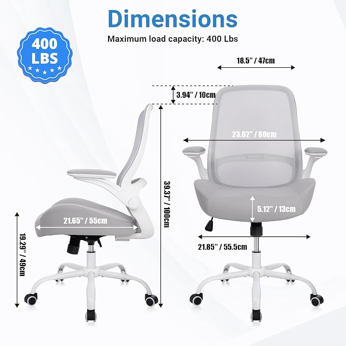 HYLONE Office Chair Ergonomic Desk Chair with Flip up Armrests, 5" Thickened Seat Computer Chair with Mesh Back Home Office Computer Chairs for Long Hours Mesh Executive Chair(White Base & Grey)