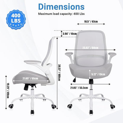 HYLONE Office Chair Ergonomic Desk Chair with Flip up Armrests, 5" Thickened Seat Computer Chair with Mesh Back Home Office Computer Chairs for Long Hours Mesh Executive Chair(White Base & Grey)